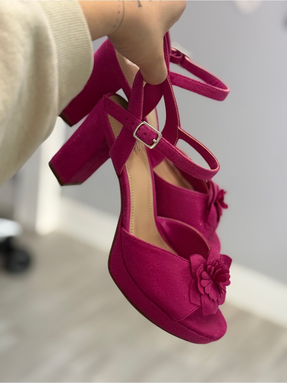 Impo Magenta Floral Block Heel Sandals with Ankle Strap